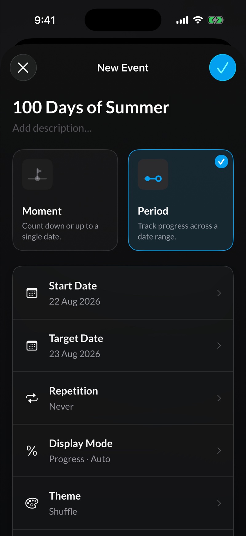 The New Event editor: a name, the Moment or Period type, start and target dates, repetition, display mode, theme and alert rows.