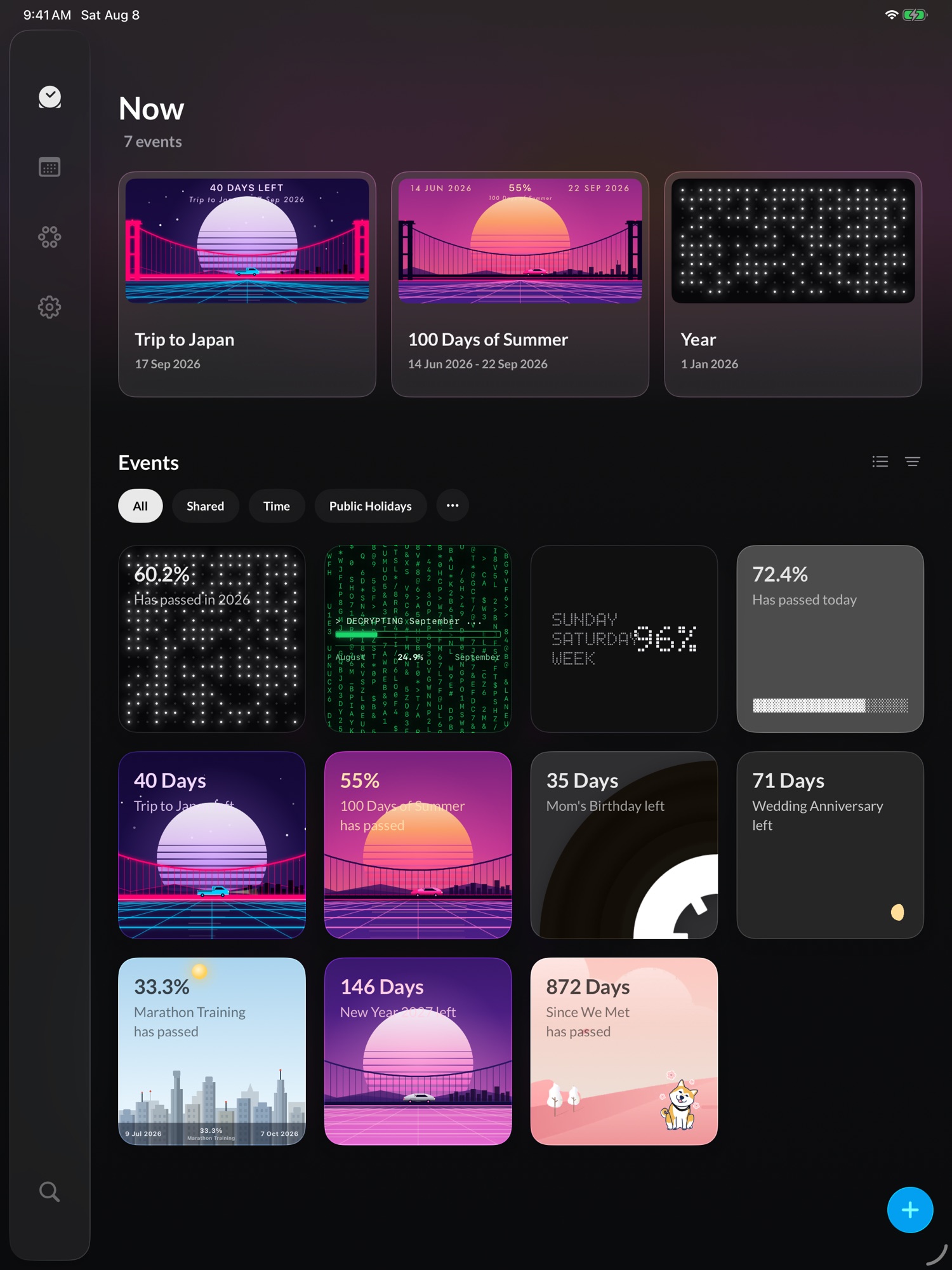 X Progress on iPad: three pinned theme cards above a grid of eleven themed event tiles, beside a floating sidebar.