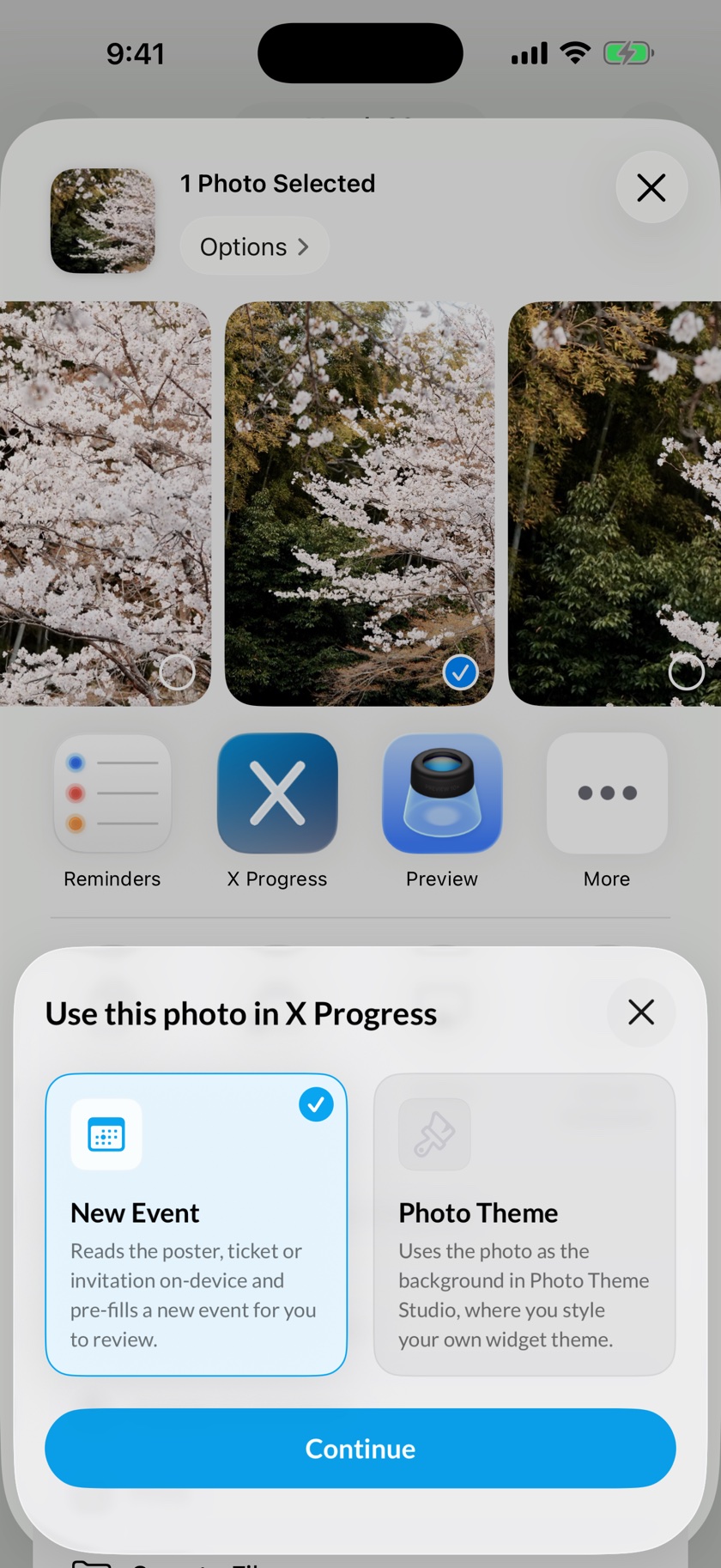 The Photos share sheet with a booking confirmation selected, and X Progress asking whether to use the photo for a new event or a photo theme.