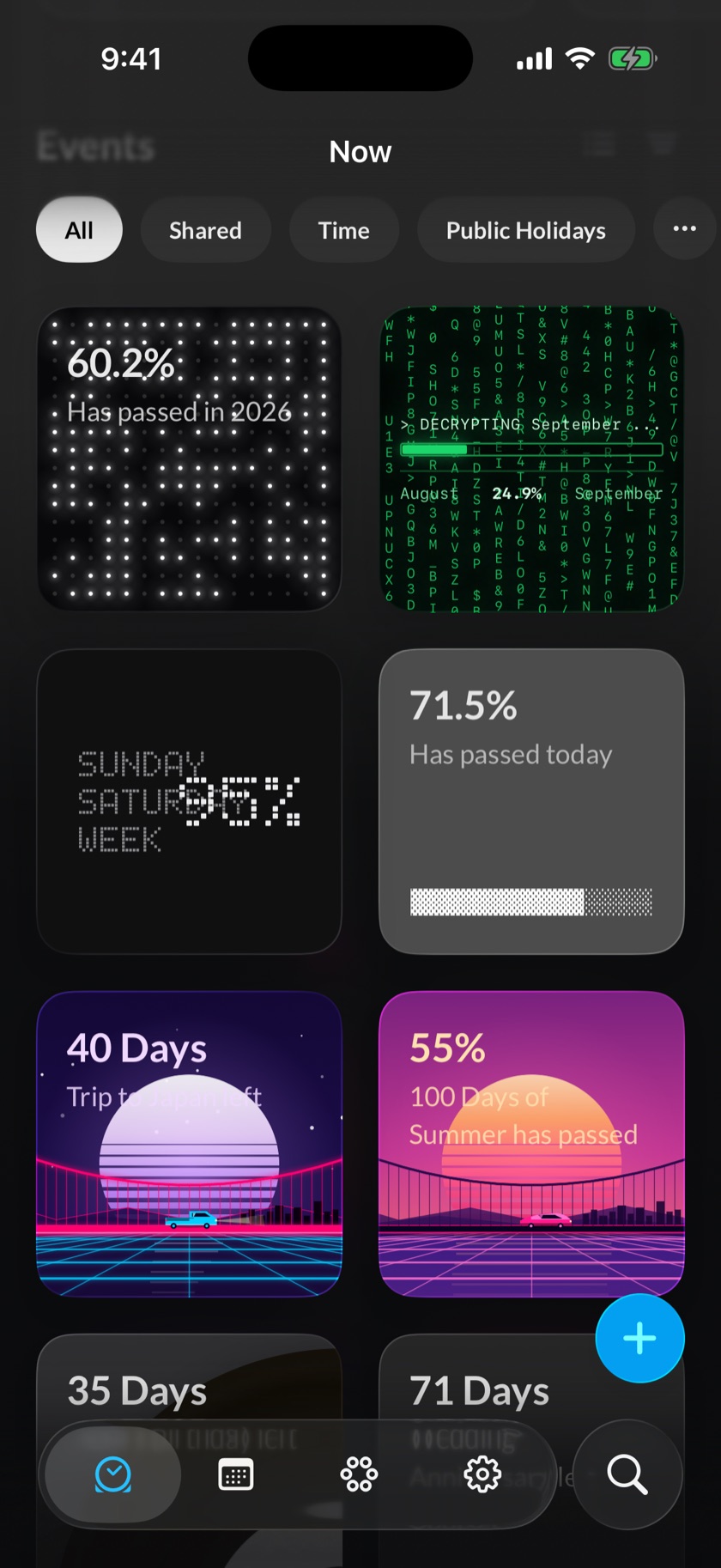 X Progress on iPhone: the Now page with a grid of themed event tiles.
