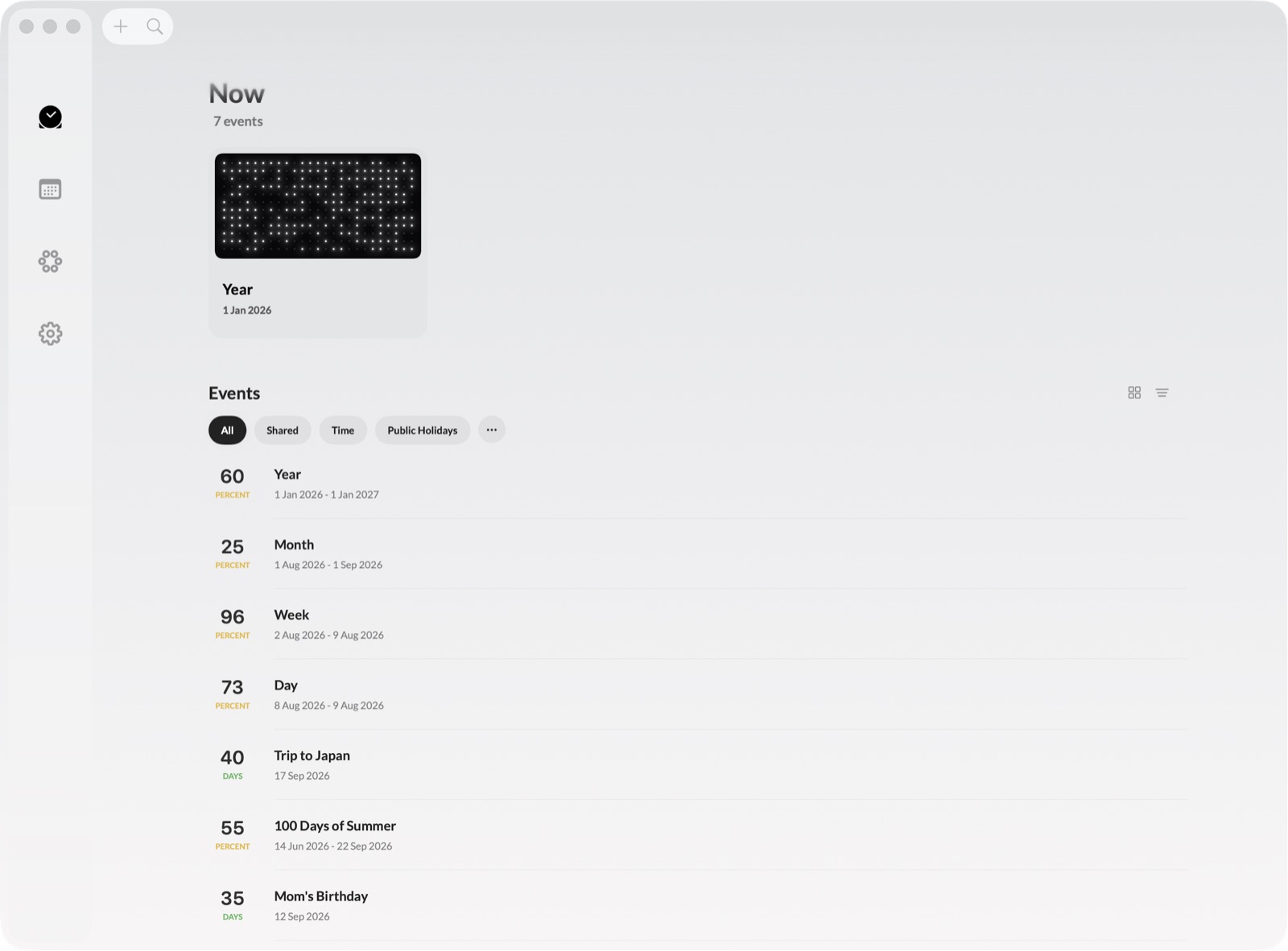 X Progress on Mac: a sidebar window with pinned cards and the full events list.