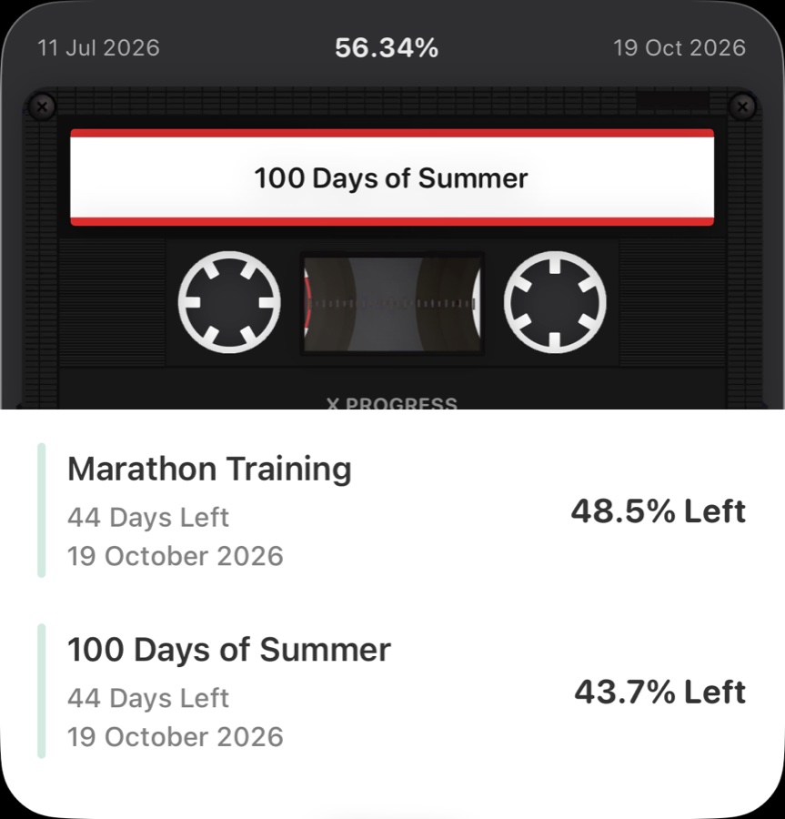 A large widget in the Tape theme: a cassette labelled 100 Days of Summer at 56 percent, above a list of two more countdowns.