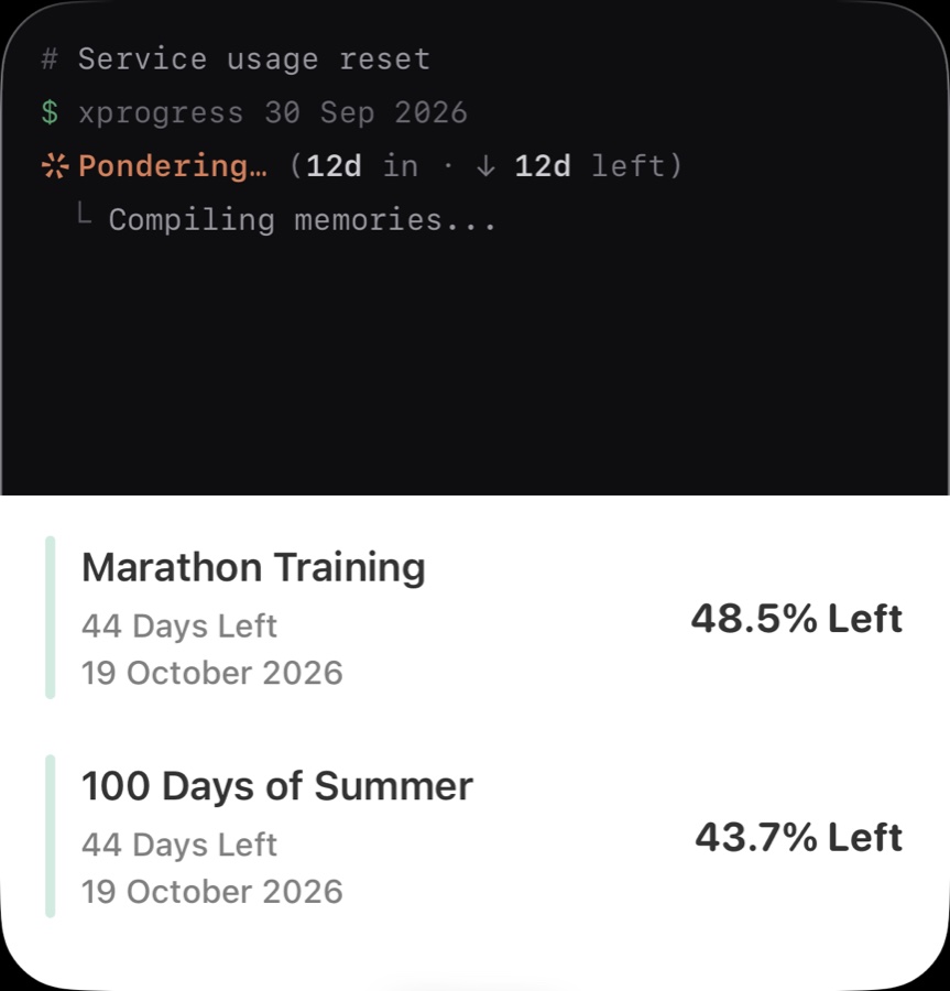A large widget in the Vibing Status theme: a terminal line reads Service usage reset, 12 days left, above a list of two more countdowns.