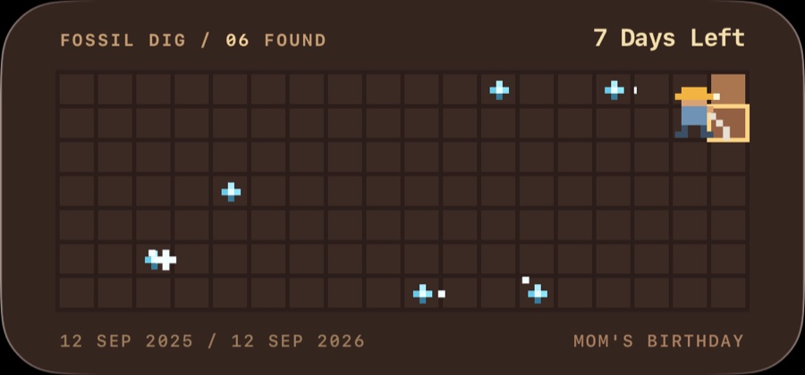 A medium widget in the Fossil Dig theme: a pixel miner clearing a wall of tiles, 7 days left to Mom's birthday.