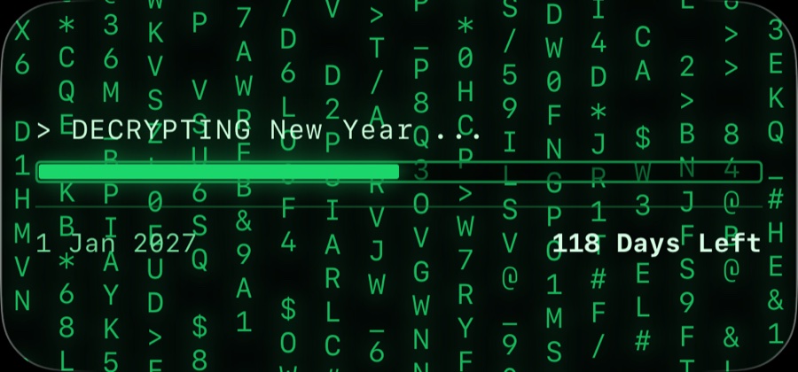 A medium widget in the Matrix theme: green code rain around a progress bar, 118 days left to New Year 2027.