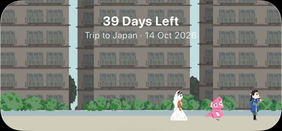 A medium widget in The Show theme: a pixel street scene, 39 days left to a trip to Japan.