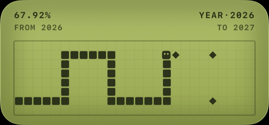 A medium widget in the Snake theme: a snake of dark blocks on a yellow-green handheld screen tracing 67.9 percent of 2026.