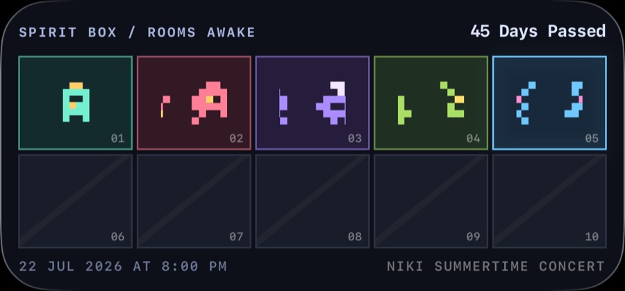 A medium widget in the Spirit Box theme: ten dark rooms, five of them lit by pixel spirits, 45 days passed since a concert.