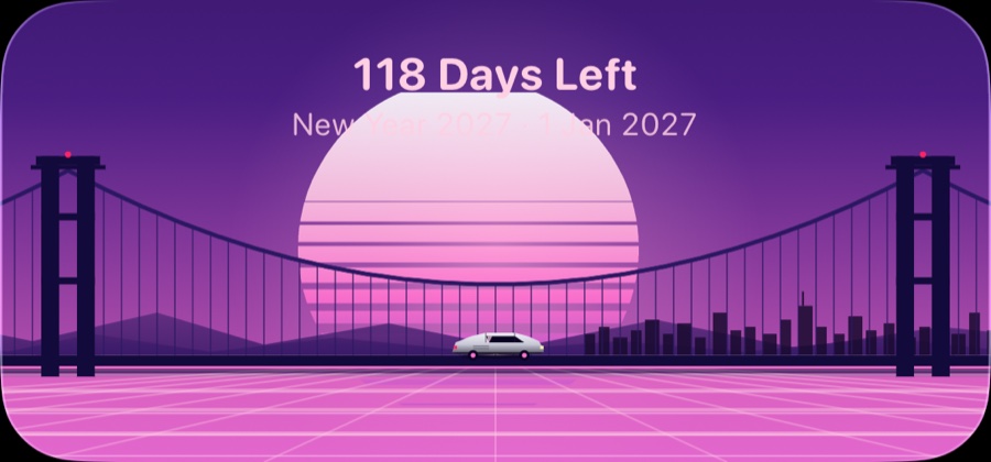 A medium widget in the Sunset Drive theme: a sunset over a grid highway, 118 days left to New Year 2027.