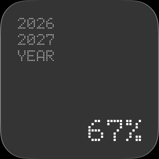 A small widget in the Pixel theme, rendered as clear glass: 2026 to 2027, year, 67 percent in chunky pixel letters.